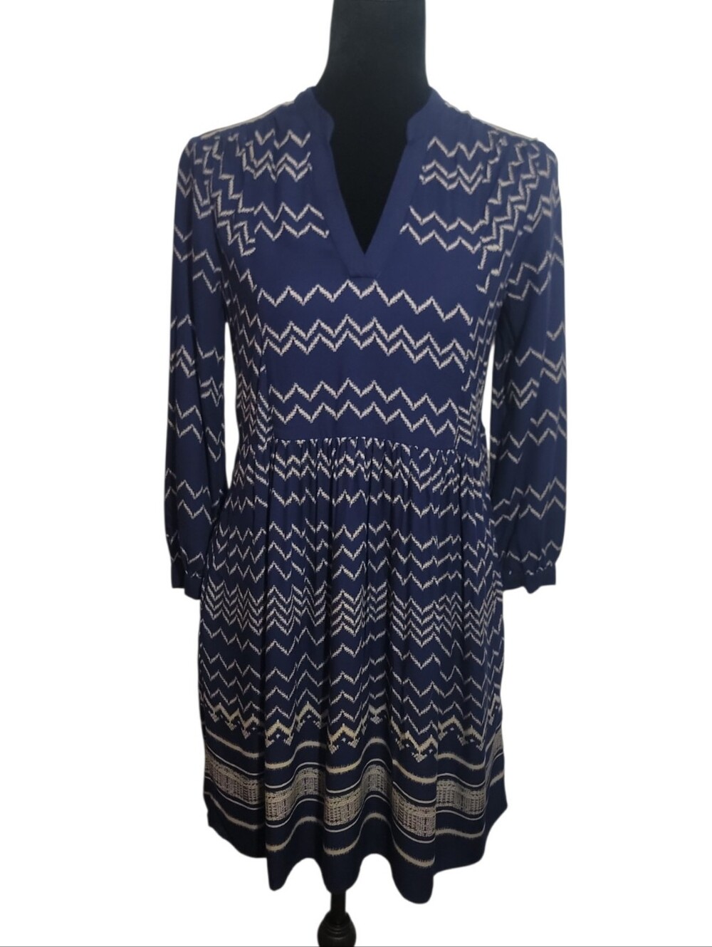 Holding Horses blue cream chervon stripe v neck fit flare pleated dress XXSP